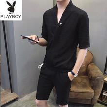 花花公子（PLAYBOY ESTABLISHED 1953） 短袖 男士T恤 黑色短褲套裝 