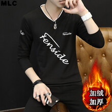 歐倫薩（OULUNSA） 長袖 男士T恤 雙V字母黑加絨 