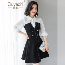 歐已（OUVEO'RLL） 純色 拼接，紗網(wǎng) 連衣裙
