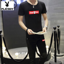 花花公子（PLAYBOY） 短袖 男士T恤 SP貓上裝+下裝黑色 