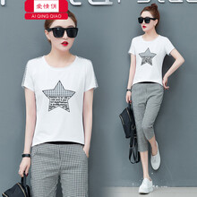 愛(ài)情俏（AI QING QIAO） 格子 短袖 T恤 女 圓領(lǐng)