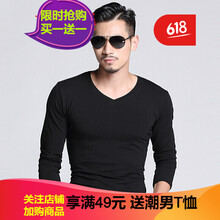 閃爆（SHANBAO） 長(zhǎng)袖 男士T恤 長(zhǎng)袖V領(lǐng)黑色 