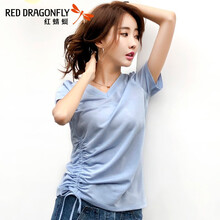 紅蜻蜓（RED DRAGONFLY） 拼接，不規(guī)則，褶皺，綁帶，抽繩 短袖 T恤 女 V領(lǐng)