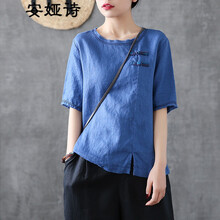 安婭詩(shī) 開(kāi)衩，拼接，撞色，紐扣，立體剪裁，明線(xiàn)裝飾，立體裝飾 短袖 T恤 女 圓領(lǐng)