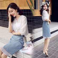 JFV 純色 荷葉邊，拼接，蕾絲 連衣裙