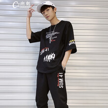 C2潮朝（C2CHAO CHAO） 七分袖 男士T恤 黑色（B208五分袖套裝男） 