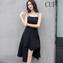 CUF 純色 不對(duì)稱，拼接，不規(guī)則，露背，拉鏈 連衣裙