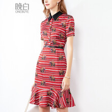 ONE BUYE 圓點(diǎn)，動(dòng)物 荷葉邊，拼接，腰帶，印花 連衣裙