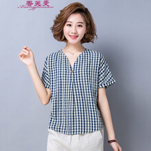 香芙曼（Xiangfuman） 格子，立體裝飾 短袖 T恤 女 V領(lǐng)