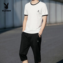 花花公子（PLAYBOY） 短袖 男士T恤 白色上衣+黑色五分褲（套裝） 