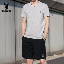花花公子（PLAYBOY） 短袖 男士T恤 灰色V領(lǐng)+黑色短褲 
