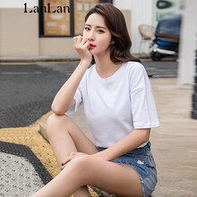蘭藍(lán) 卷袖 短袖 T恤 女 圓領(lǐng)