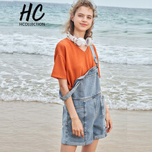 Hcollection 自然腰 背帶褲 女 短褲 牛仔褲