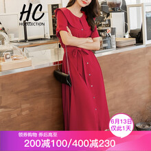 Hcollection 純色 腰帶，紐扣，褶皺，蝴蝶結(jié) 連衣裙