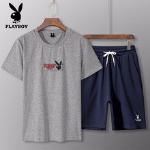 花花公子（PLAYBOY） 短袖 男士T恤 灰上衣+灰褲子 