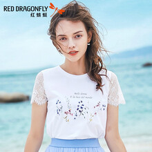 紅蜻蜓（RED DRAGONFLY） 拼接，蕾絲拼接，印花 短袖 T恤 女 圓領(lǐng)