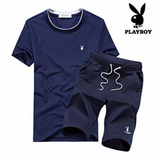 花花公子（PLAYBOY） 短袖 男士T恤 藍(lán)上衣+藍(lán)短褲 