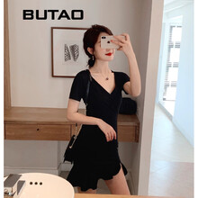 布淘（BUTAO） 純色 荷葉邊，深V款，不對稱 連衣裙