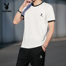 花花公子（PLAYBOY） 短袖 男士T恤 白色上衣+黑色長褲（套裝） 
