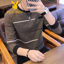 花花公子（PLAYBOY） 長袖 男士T恤 條紋單款 咖啡色 