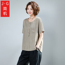 簡(jiǎn)機(jī) 中國(guó)結(jié)，圓環(huán)，卷袖，毛領(lǐng)，前短后長(zhǎng) 短袖 T恤 女 圓領(lǐng)