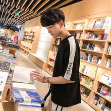 筱麥 七分袖 男士T恤 五分袖拼接黑色 