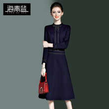 海青藍(lán)（CYANINE SEA） 純色 拉鏈，蝴蝶結(jié) 連衣裙