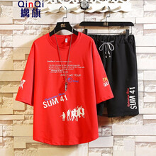 擒旗（QINQI） 七分袖 男士T恤 短款紅色 