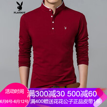 花花公子（PLAYBOY ESTABLISHED 1953） 長(zhǎng)袖 男士T恤 酒紅色加絨 