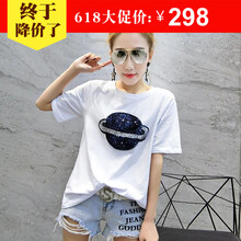 創(chuàng)意女郎（CREATIVITY-GIRL） 亮片，3D，拼接，立體裝飾 短袖 T恤 女 圓領(lǐng)
