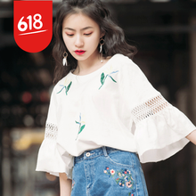 珂梵圖（Kefantu） 荷葉邊，拼接，鏤空，印花 短袖 T恤 女 圓領(lǐng)