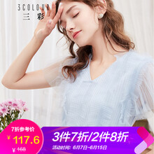 三彩 木耳邊，紗網(wǎng) 短袖 T恤 女 V領(lǐng)