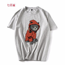 七匹鯊 短袖 男士T恤 灰色嘻哈貓 S，XL，4XL，5XL，L，M，加大，XXXL，XXL