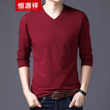 恒源祥 長(cháng)袖 男士T恤 紅色V領(lǐng) 