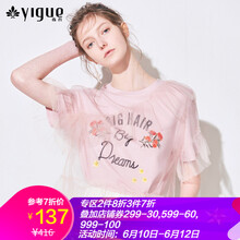 亦谷（YIGUE） 荷葉邊，拼接，褶皺，印花，紗網(wǎng) 短袖 T恤 女 圓領(lǐng)