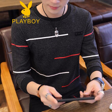 花花公子（PLAYBOY） 長袖 男士T恤 條紋單款 黑色 