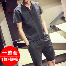 侯七爺（HOUQIYE） 短袖 男士T恤 灰藍一套上衣+褲子 