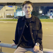 dkud新款牛仔外套男网红潮流花百万同款秋季宽松型帅气百搭黑色夹克