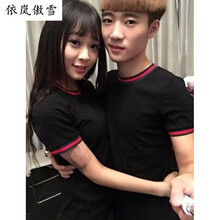 依嵐傲雪 短袖 男士T恤 黑色 紅條領(lǐng)  女款 XL