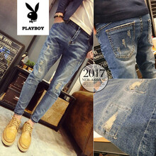 花花公子（PLAYBOY ESTABLISHED 1953） 直筒褲 朋克潮流 男士牛仔褲