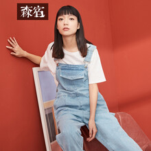 森宿 中腰 背帶褲 女 九分褲 牛仔褲