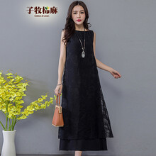 子牧棉麻 純色 刺繡 連衣裙