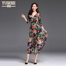 粵馳（YUECHI） 大花 不對(duì)稱，鑲鉆，褶皺，印花，立體裝飾 連衣裙