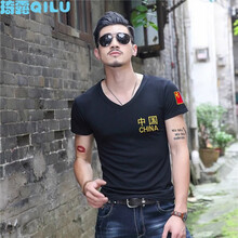 北歐潮流（BEIOUCHAOLIU） 短袖 男士T恤 中國字V領(lǐng)黑色 