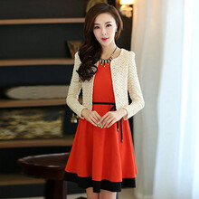 逸姿扬2014新款女装背心裙长袖两件套连衣裙