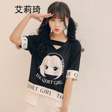 艾莉琦 拼接，印花 短袖 T恤 女 圓領(lǐng)
