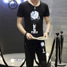 凌登（LingDeng） 短袖 男士T恤 手中花【上裝+下裝黑色】 XL，L，XXL，M，XXXL
