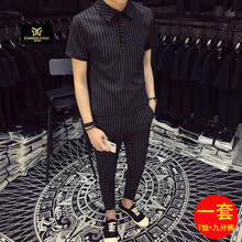 C2潮朝(C2 chao chao) 短袖 男士T恤 條紋九分褲套裝 XL，L，M，XXXL，XXL