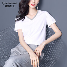 QUEEN NANA 拼接 短袖 T恤 女 V領(lǐng)