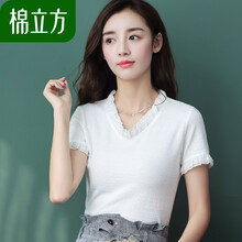 棉立方（MEFOUND） 拼接 短袖 T恤 女 V領(lǐng)